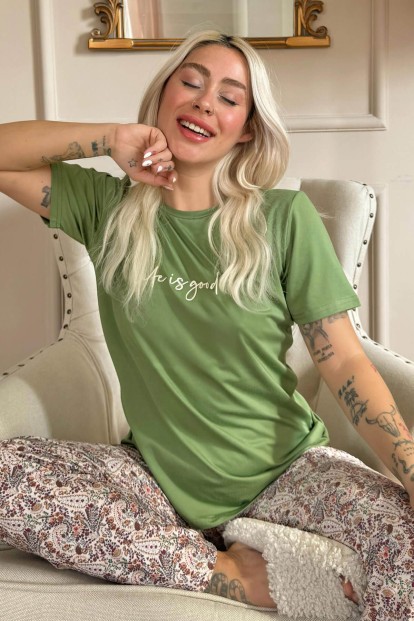 Yeşil Life is Good Desenli Kısa Kollu Örme Kadın Pijama Takımı - Pijamaevi