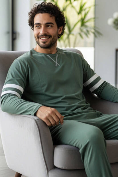 Yeşil Line Desenli Stylish Erkek Uzun Kol Pijama Takımı - Pijamaevi