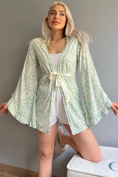 Yeşil Papatya Desenli Kadın Kimono Sabahlık - Pijamaevi