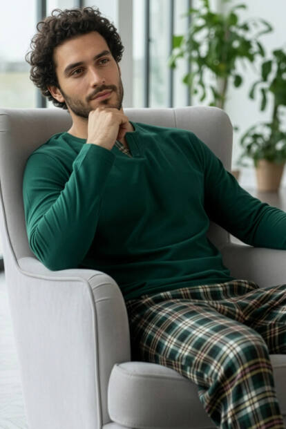 Yeşil Stylish Erkek Uzun Kol Pijama Takımı - Pijamaevi