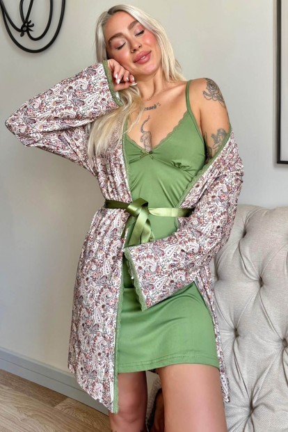 Yeşil Svila Exclusive Örme Sabahlıklı Gecelik Kadın Pijama Takımı - Pijamaevi