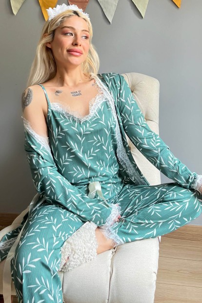 Yeşil Zeytin Dalı Desenli Sabahlıklı Pegasus Pijama Takımı - Pijamaevi