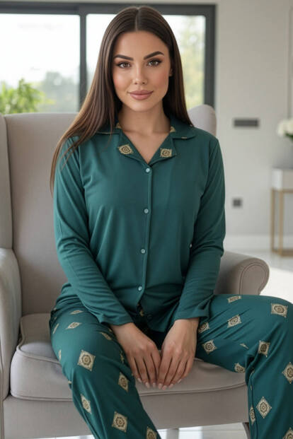 Zümrüt Mozaik Florado Exclusive Önden Düğmeli Uzun Kollu Kadın Pijama Takımı - Pijamaevi