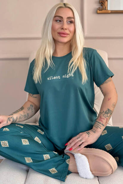 Zümrüt Silent Desenli Kısa Kollu Kadın Pijama Takımı - Pijamaevi